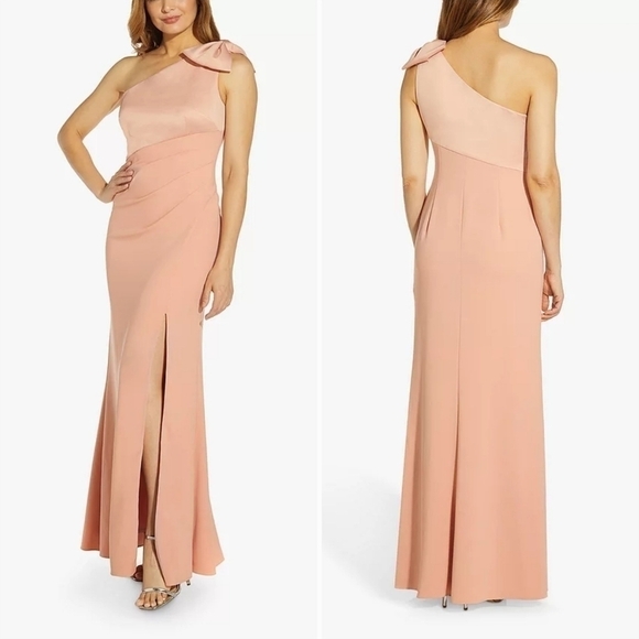 Adrianna Papell One Shoulder Satin Crepe Dress, Rose Champagne - Picture 1 of 13
